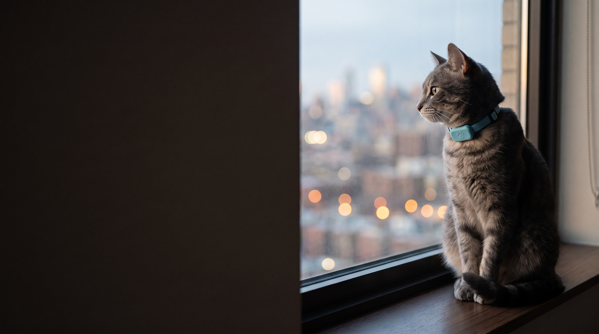 Grey tabby wearing the CatBliss tracker collar on a windowsill at blue hour
