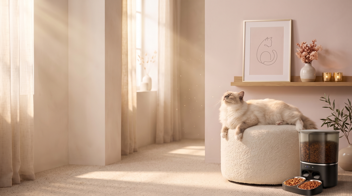 Cream cat in bliss on an ivory pouf, CatBliss dual-menu feeder on the carpet beside it