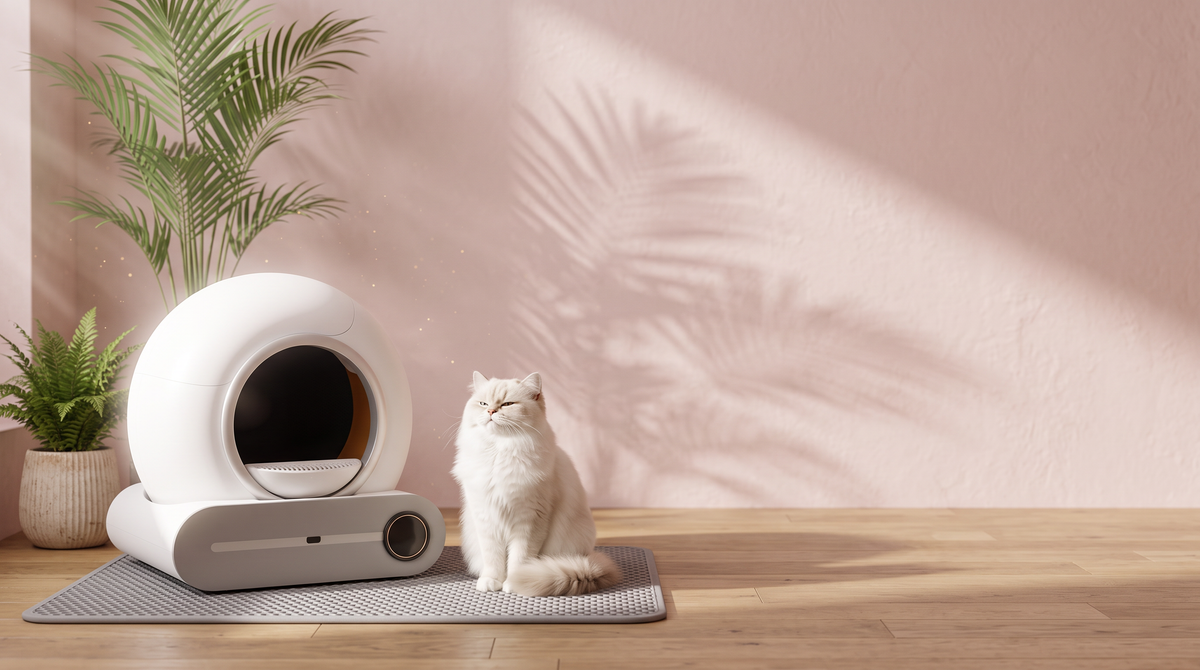 Immaculate content cat sitting proudly beside the CatBliss self-cleaning litter box