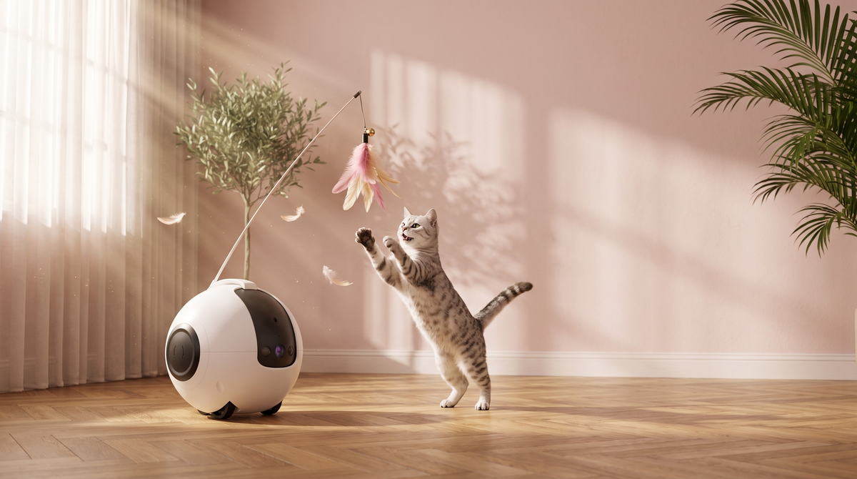 Joyful silver tabby leaping for the feathers of the CatBliss companion robot, rose wall and god-rays